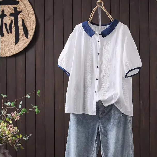 

Women Sweet Mori Kei Clothing Embroidery Cotton Shirts Summer Turn Down Collar Short Sleeve Casual Loose Blouse Tops