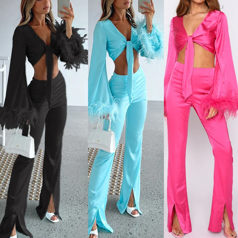 

SKMY Two Piece Set For Women Feather Patchwork Long Sleeve Lace-Up Crop Tops Tracksuit Female Casual Split Long Pant Sets