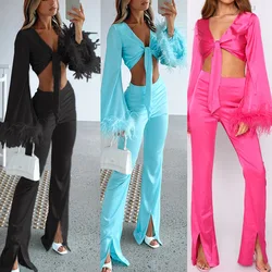 SKMY Two Piece Set For Women Feather Patchwork Long Sleeve Lace-Up Crop Tops Tracksuit Female Casual Split Long Pant Sets