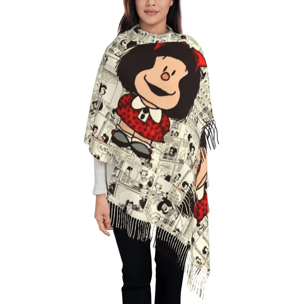 Chal de Mafalda de dibujos animados para mujer, bufanda larga grande, Pashminas, borla, Invierno