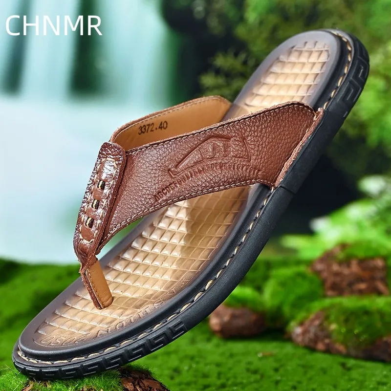 New Slippers for Man Outdoor Korean Summer Trendy Men\'s Flip Flops Beach Casual Fashion  Bathroom Flats Genuine Leather Shoes