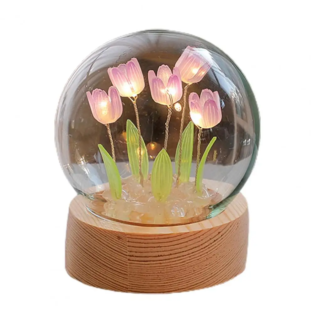 Night Light DIY Craft Party Supplies1 Set Tulip Night Light Soft Lighting Wooden Base Realistic Battery-operated Easy Installati