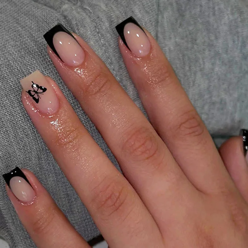 Black French Tips Press on Nails 3D White Bowknot Alloy Stars Designs Fake Nails Ballet Charms False Nails Korean Manicure 24Pcs