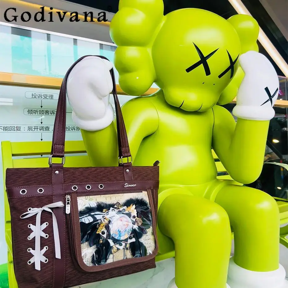 

Japanese Original Lolita Large Capacity Transparent Handbag Rivet Bowknot Daily Commute Versatile Tote Shoulder Bag