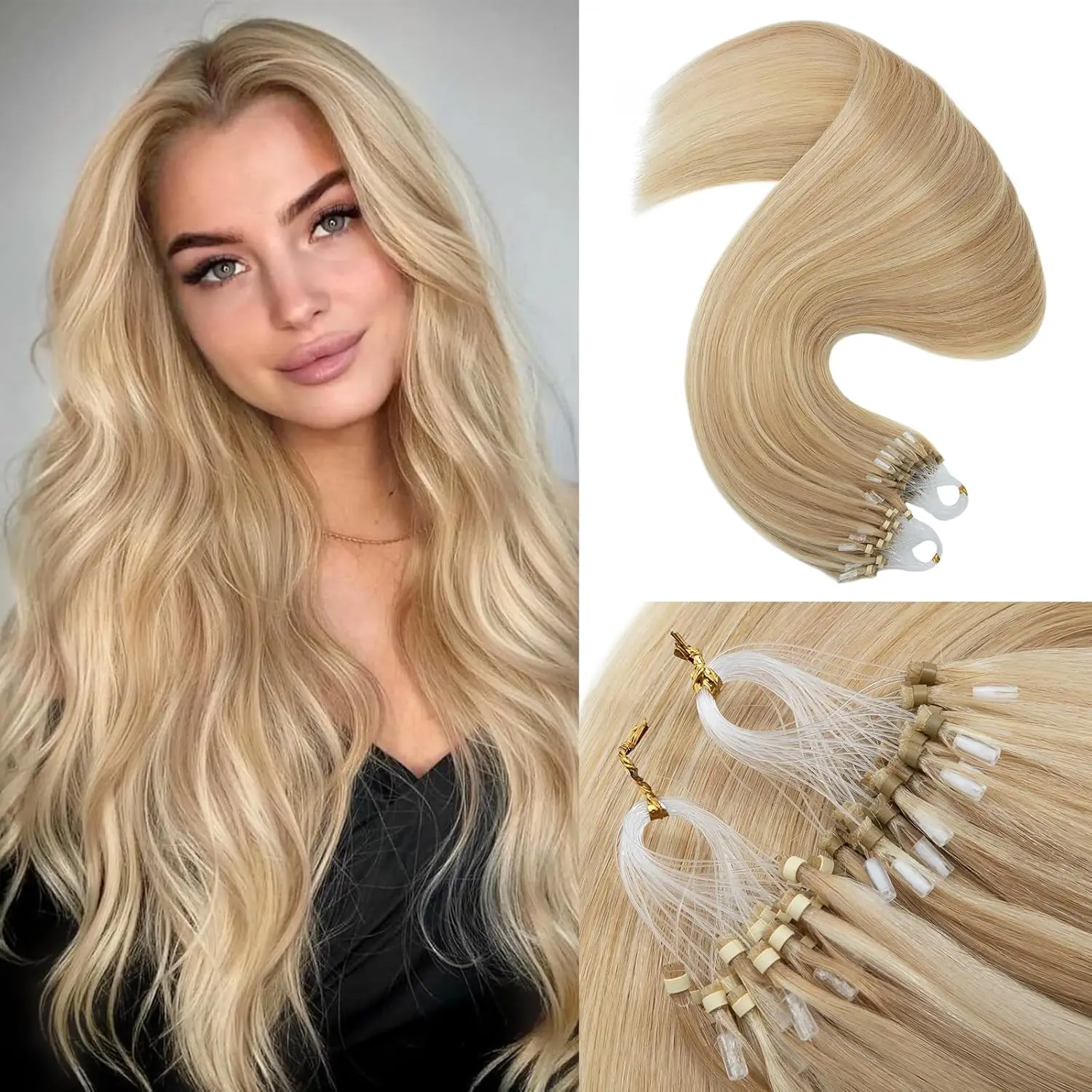 

Наращивание волос Microlink: натуральные волосы, цвет пепельный блонд с эффектом осветления, микропетлевые пряди.