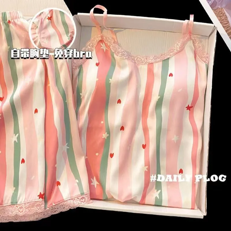 

Новый летний комплект коротких штанов с кружевной отделкой из ледяного шелка и нагрудным ремнем, домашняя одежда, носимая для улицы, дышащая, удобная