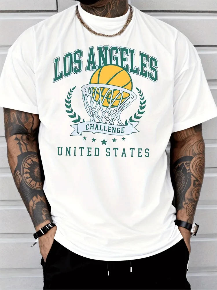 Men Summer Cotton Short Sleeve T Shirt Los Angeles Basketball Hoop Challenge Star Wreath Print Crew Neck Sports Casual Male Tee