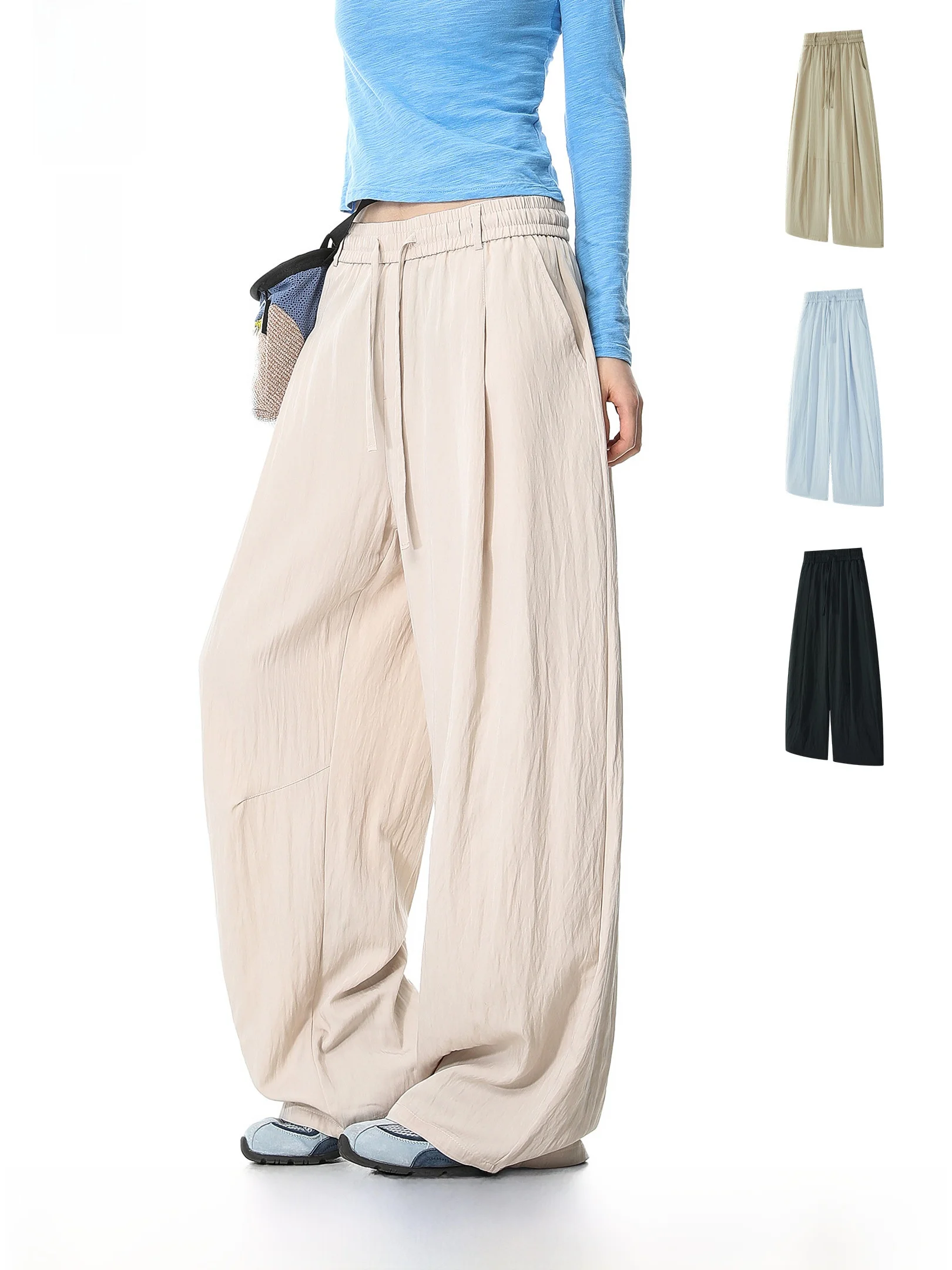 

OWOX Women's Summer Loose Wide Leg Casual Pants Thin Straight Folded Texture Sensation Comfortable Elastic Waist Trousers
