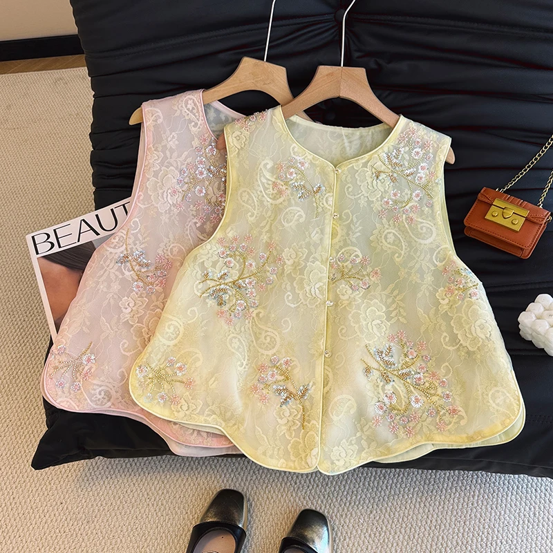 New Chinese Style Lightweight Shiny Bead Embroidery Women's Vest Summer 2026 Seasonal Fashion Straight Cut Single Button Closure