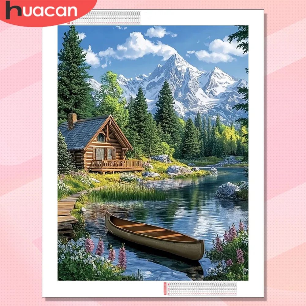 HUACAN – peinture diamantée, paysage de maison, mosaïque en point de croix, bateau, nature, image de strass, arts et artisanat, décoration murale