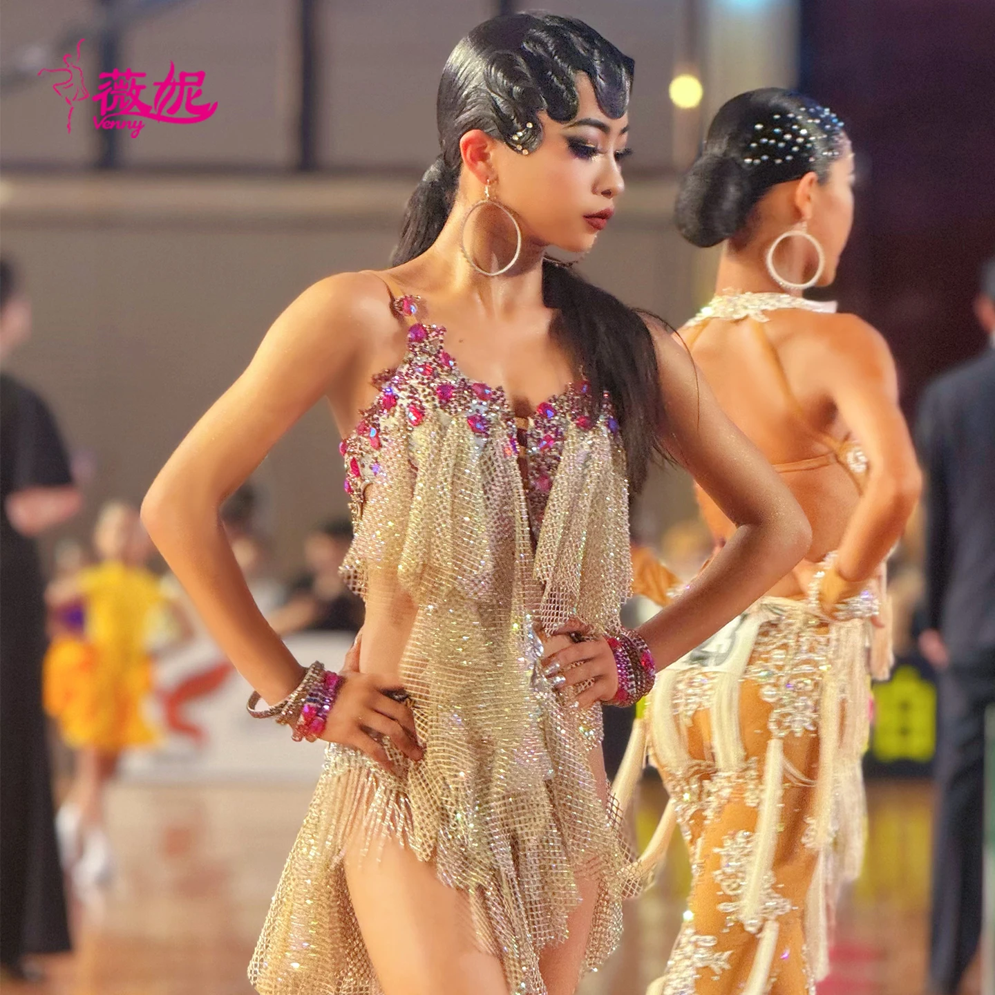 

Платье для латинских танцев Vennystyle, белое сетчатое боди со стразами для женщин, индивидуальные соревнования и оценочные выступления