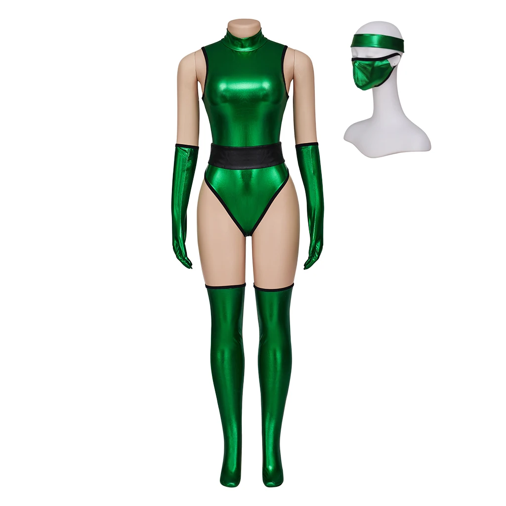 Mortal Kombat Kitana Jade Cosplay Costume Sexy Tights Battle Combat Full Set Green Bodysuit Mask Women Halloween Carnival Outfit