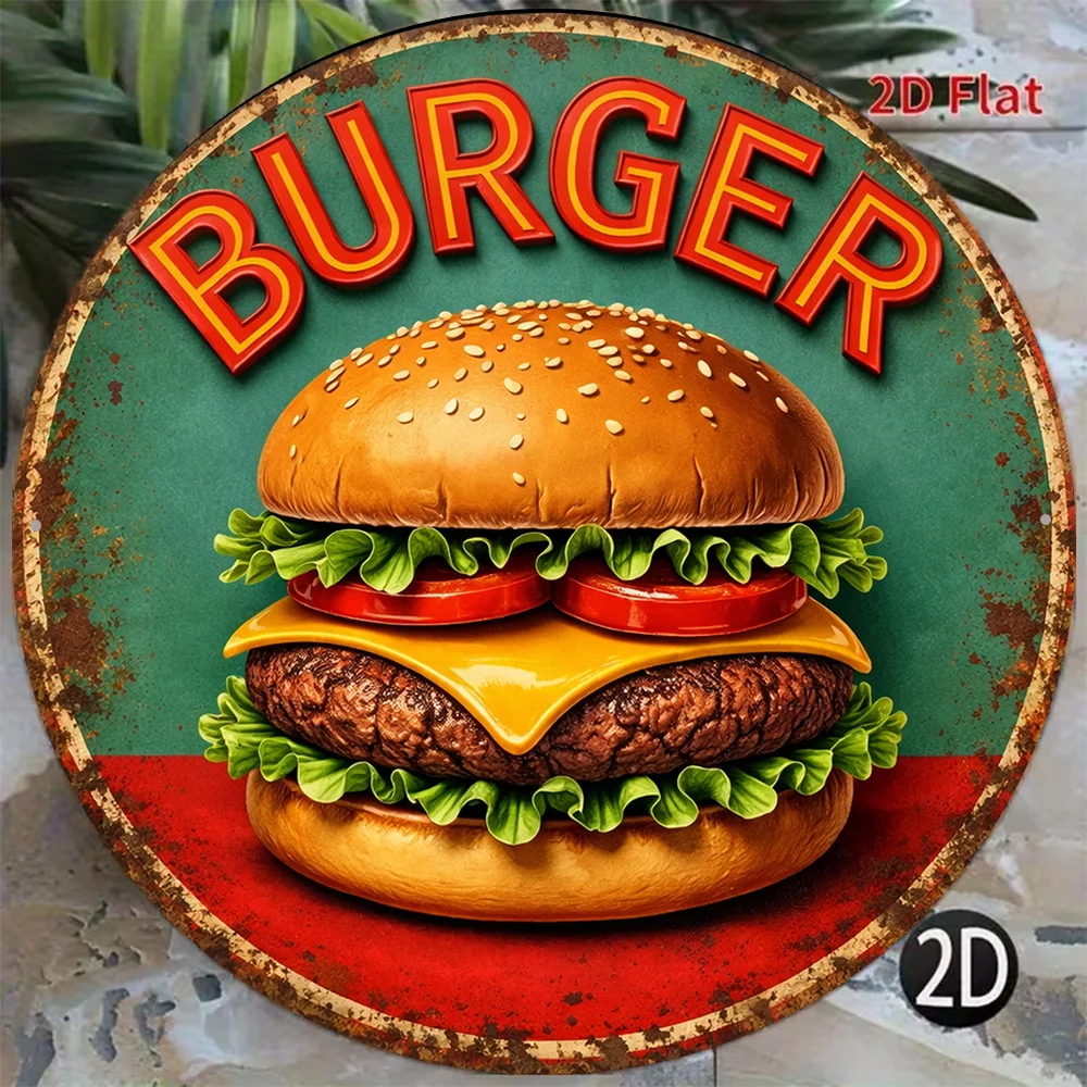 Retro Burger Tin Sign 8x8in Vintage Food Metal Plaque Cafe Kitchen Wall Decor Gift