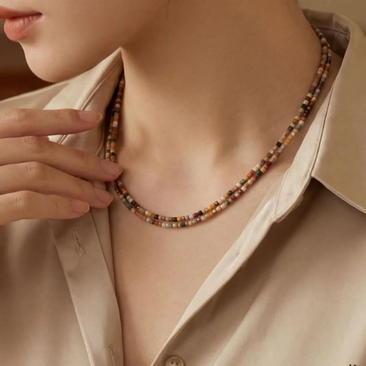 Korean niche personality retro positive circle silver gray real much hemp imitation home pearl size irregular interval necklace