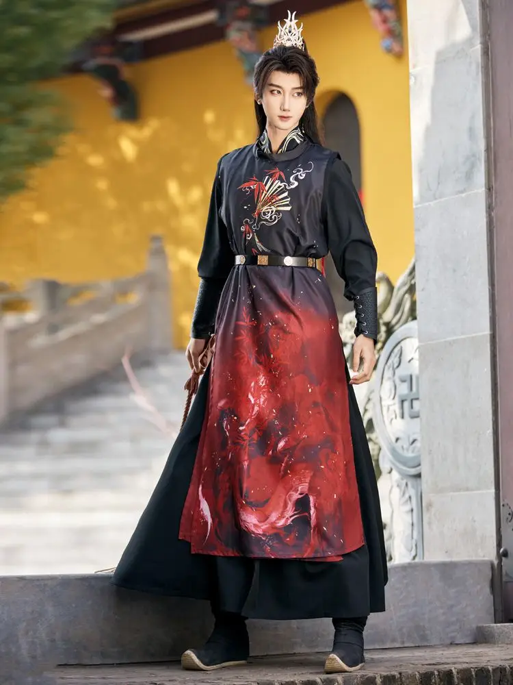 traditional-chinese-clothing-men-hanfu-han-element-round-neck-robe-daily-black-and-red-full-set