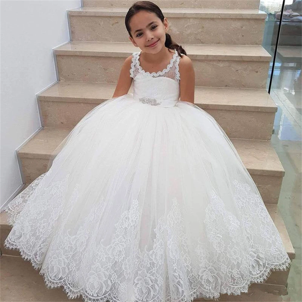 Precioso encaje marfil vestidos de niña de flores Simple tul hasta el suelo vestido de fiesta para niña personalizado