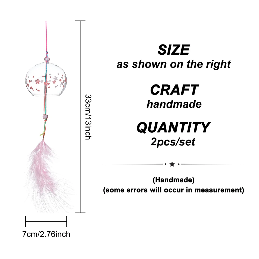 2PCS Wind Chimes Pink Blue Glass Wind Bells Handmade Pendants for Birthday Gift and Home Decors