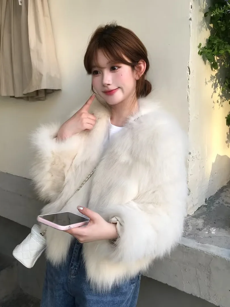 Abrigo de piel coreano Sle ort v-ne, prendas de vestir exteriores Faion para mujer, pelo sintético ecológico, abrigo de invierno de talla juvenil Jaet