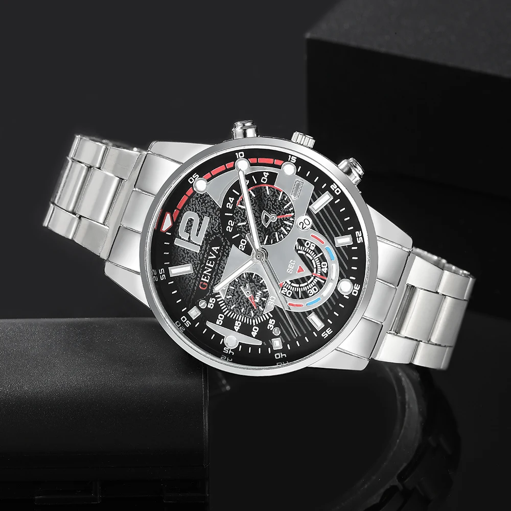 3pcs/set, Mens Calendar Stainless Steel Quartz Watch & Necklace & Bracelet Set, Ideal Choice for Gifts