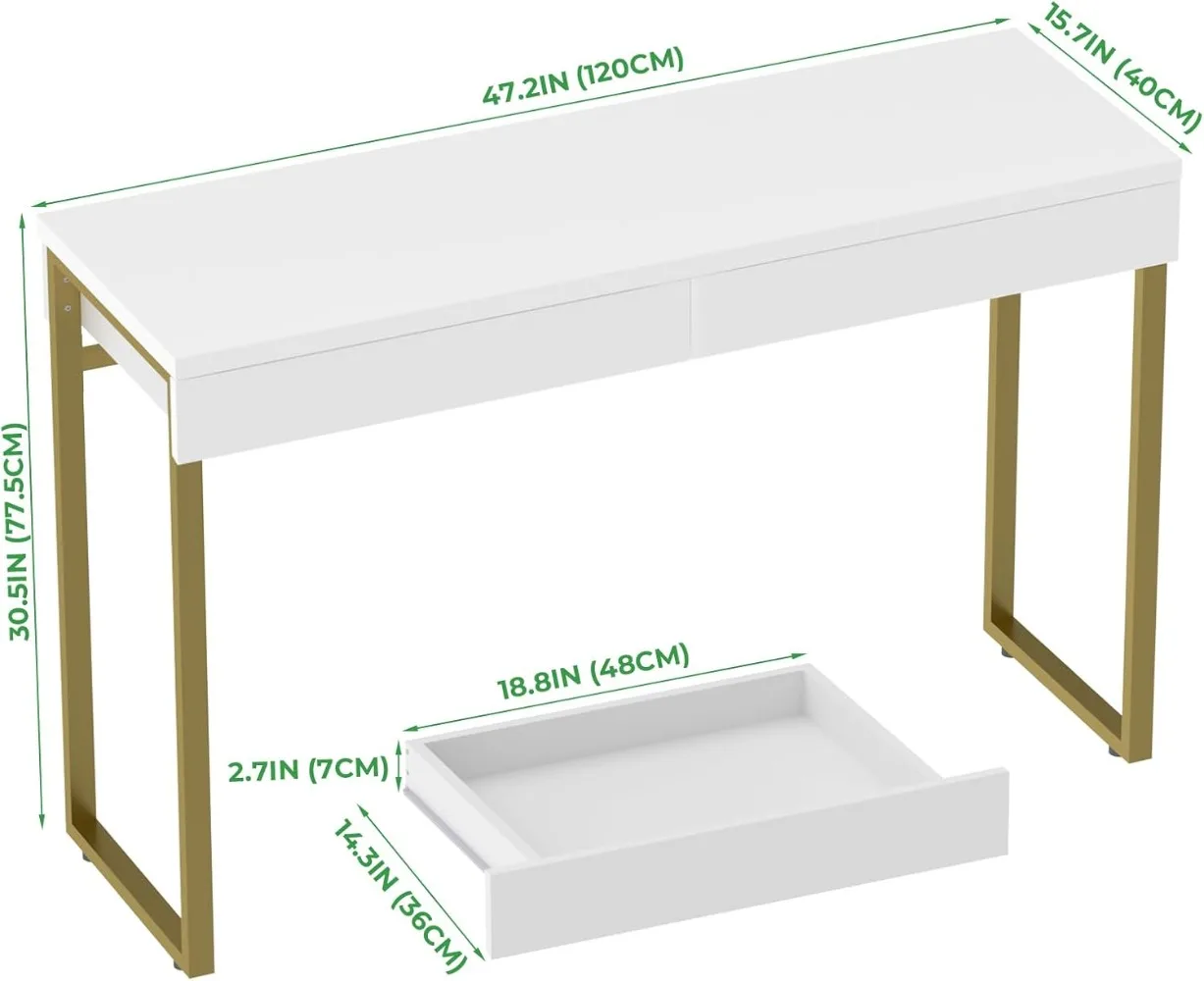 GreenForest Vanity Desk with 2 Drawers,47 inch White Desk with Glossy Desktop Easy Clean,Makeup Dressing Table with Metal Gold