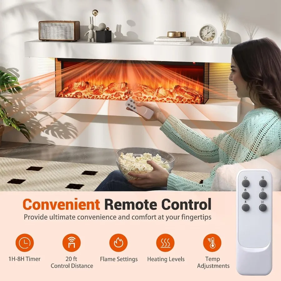 Camino elettrico da parete da 36 pollici con mensola galleggiante da 50 pollici e telecomando Design su 3 lati con 12 Ambie regolabili
