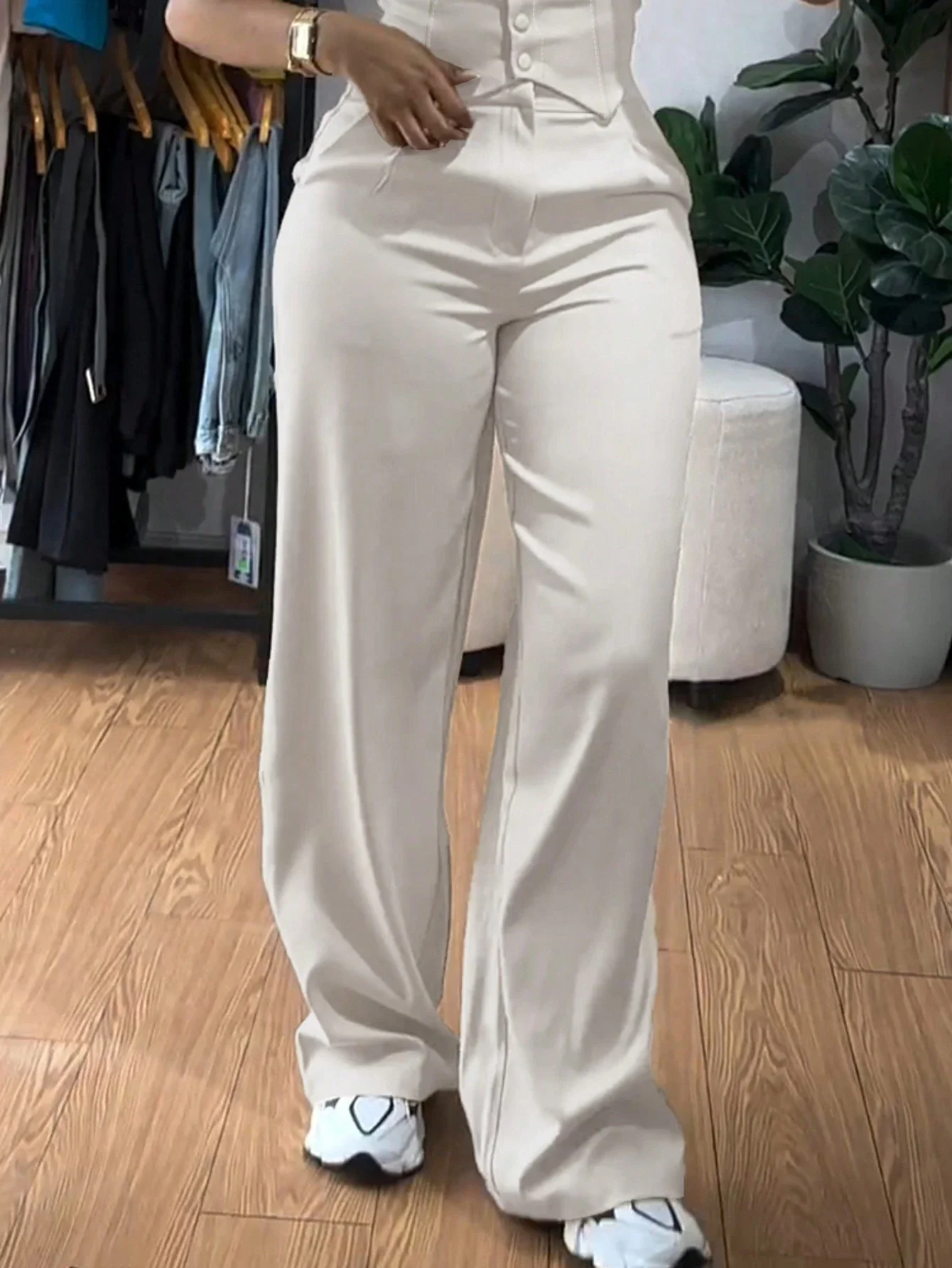 

2 Piece Thick Strap Button Front Slim Fit Tank Top High Waist Wide Leg Pants Casual Outfit Set