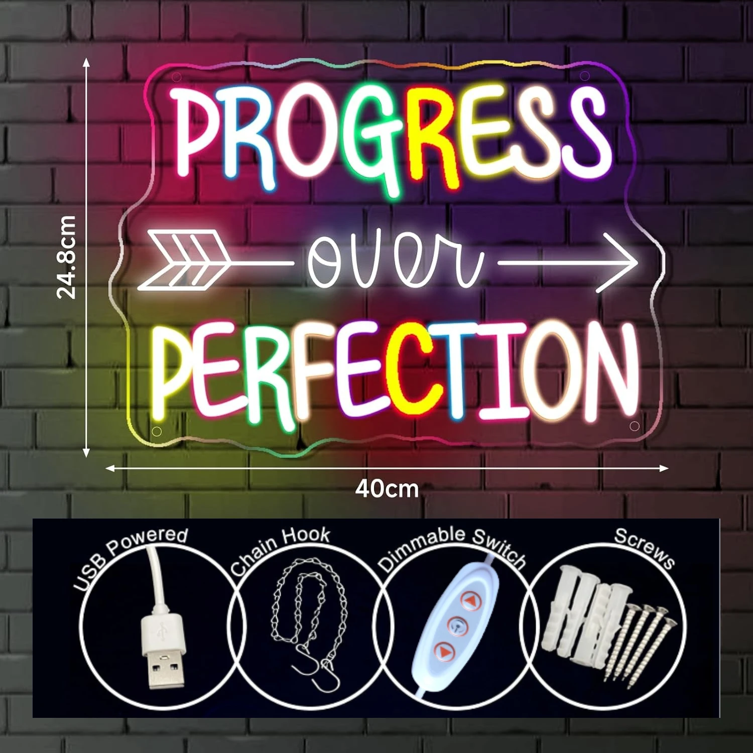 Progress Over Perfection Neon Sign, Wall Light for Bedroom, Classroom, Office, Bar Decor; Inspirational Gift & Advertising Sign