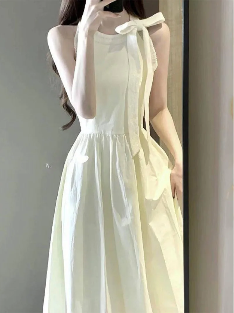 

First Love Little White Skirt Academy Style Sweet Bow Tie Hanging Neck and Waist Closing Temperament Dress Female Summer EY5Z