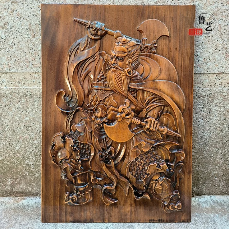 Solid Wood Carving Wall Hanging – Vintage Chinese Traditional Pair of Door Gods Relief Ornament for Home Decor (2 Pieces/Set)