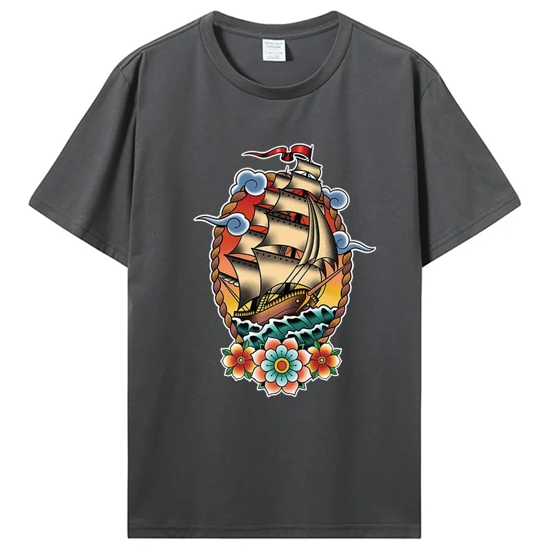 Old School American Traditional Tattoo Flash Clipper Ship T-Shirt Men Cotton Tshirt Tees Tops Anime Harajuku Streetwear