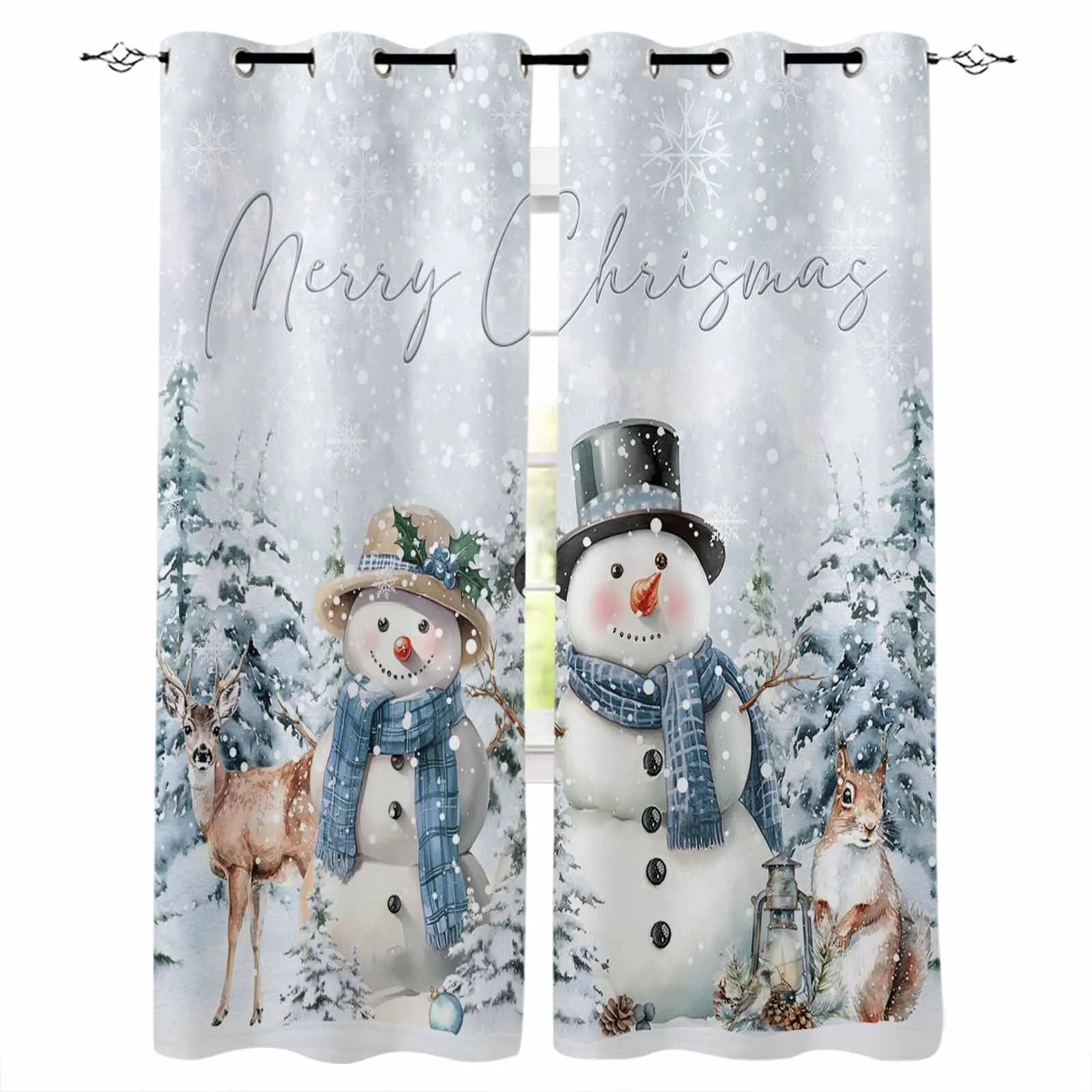 Christmas Snowman Tree Elk Squirrel Curtains For Living Room Kids Bedroom Window Curtain Hall Drape Long Cortinas