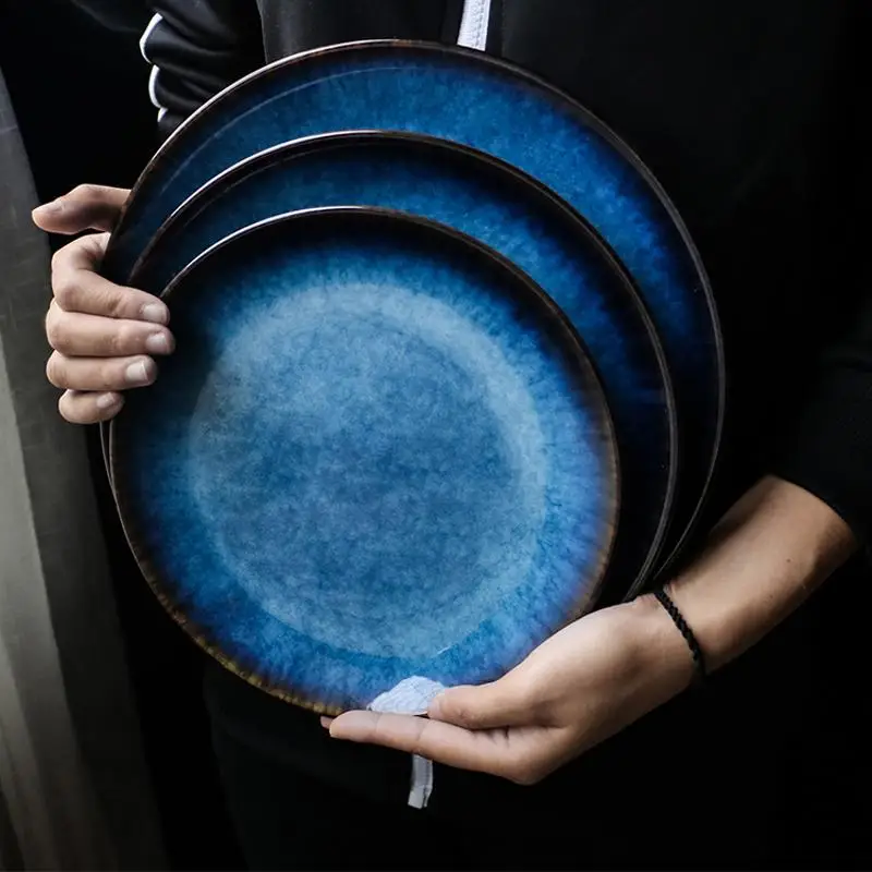 blue-western-style-plate-japanese-flat-dish-round-tray-commercial-steak-dish-plate-wholesale