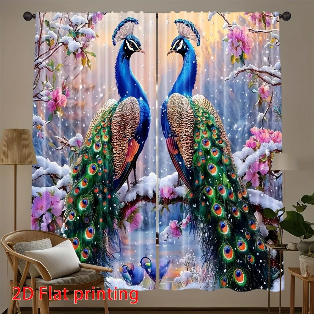 Luxury Peacock Curtain, 3D Snow Winter Bird Pattern Drape, Colorful Floral Window Treatment for Living Room Bedroom Home Decor