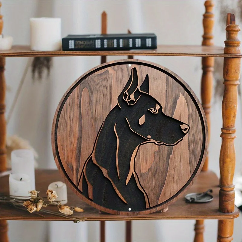 Doberman Silhouette Wooden Design Metal Sign, Round Aluminum Door Hanger, Wall Decor, Waterproof and Weather Resistant