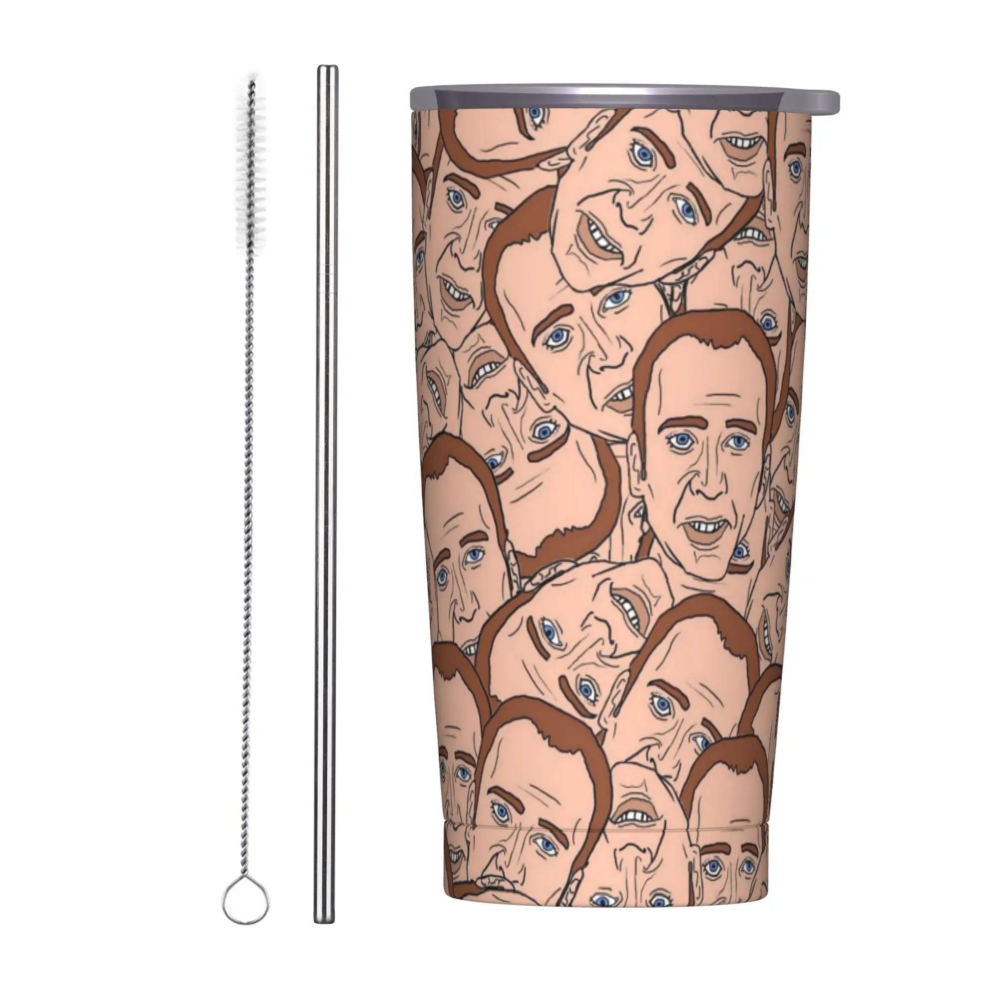 Nicolas Cage Face  Insulated Tumbler with Straws Cage Face Collage Stainless Steel Thermal Mug Office Home Bottle Cup, 20oz