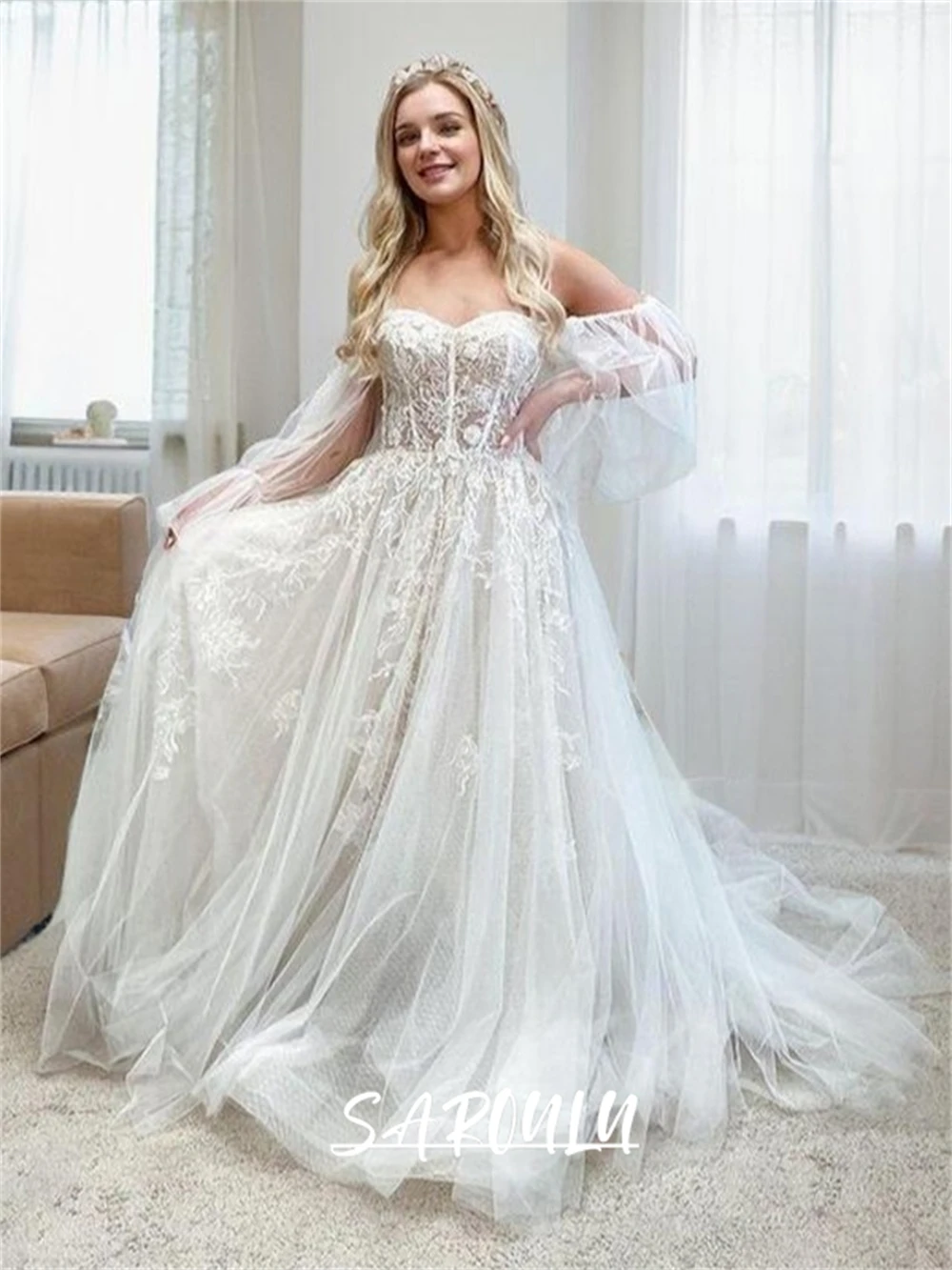 Sweet Lace Tulle Wedding Dress With Off Shoulder Sleeves, Sweetheart A Line Long Bride Dresses, Many Layers Bridal Gown