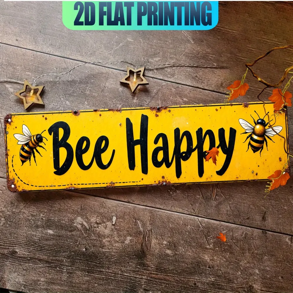 Retro Happy Bee Aluminium-Metallschild 4x16 Zoll Europäischer Stil Landhaus-Dekor Blumen-Honigbienen-Wandschild für den Garten