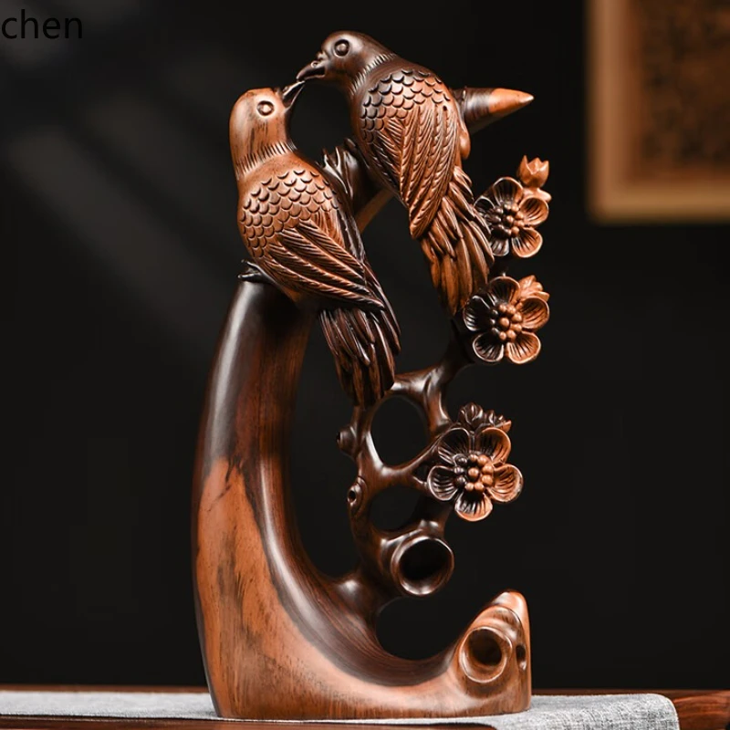 

HTT Carved Joyful Eyebrow Ornament Home Living Room TV Cabinet Root Carving Decoration Red Wood Craft Housewarming Gift