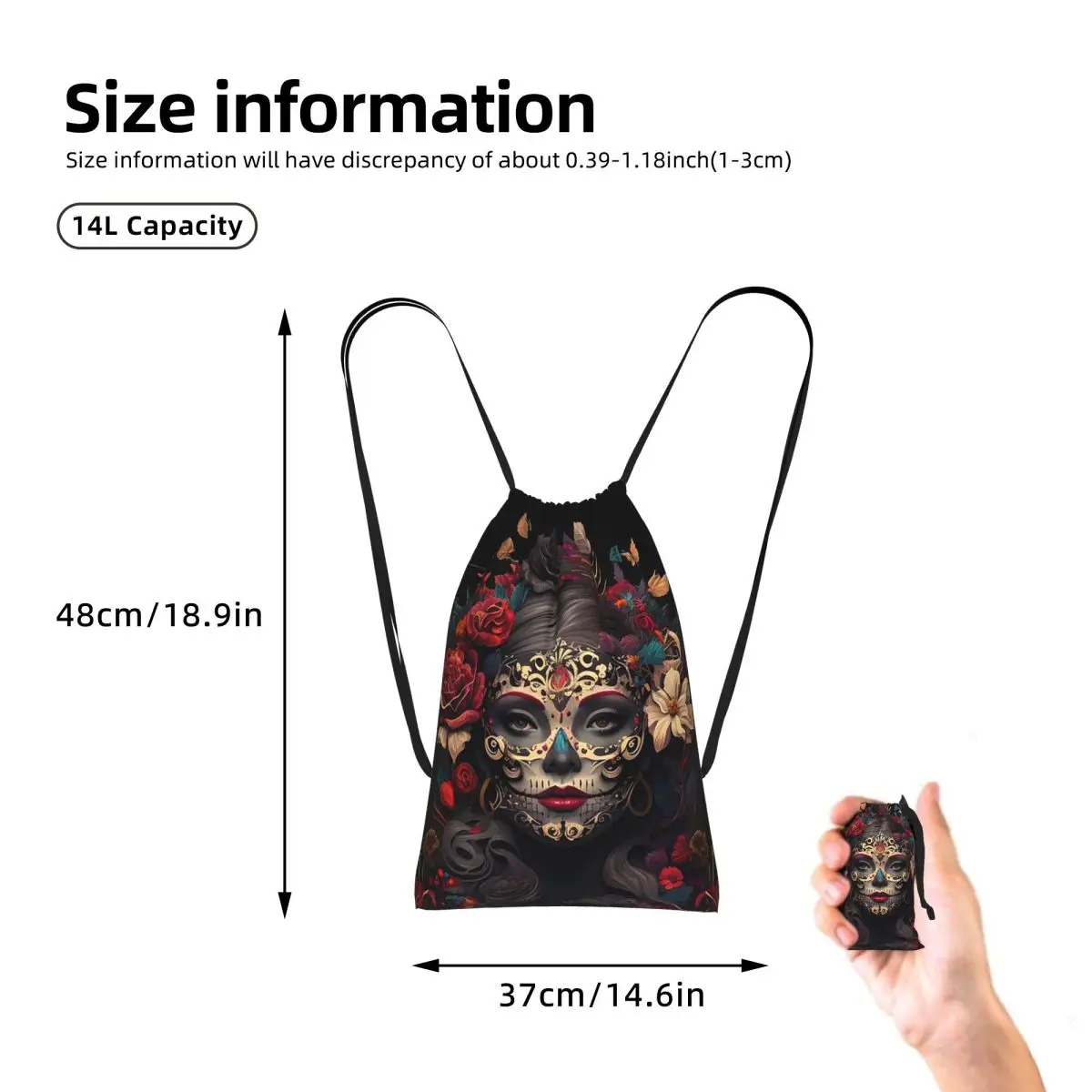 Mexican Catrina Girl Day Of The Dead Sugar Skull Drawstring Backpack cycling Bag Lightweight Foldable Storage Drawstring Bag