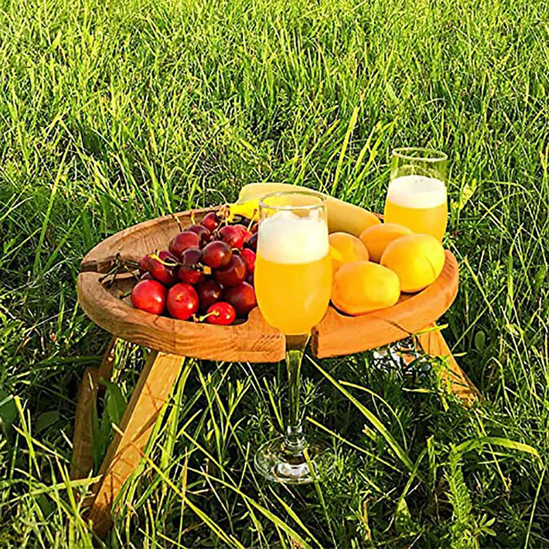 Wooden Outdoor Portable Folding Wine Picnic Table Camping Cheese Board Tray Foldable Snack Table Wine Rack Tourist Fruit Table