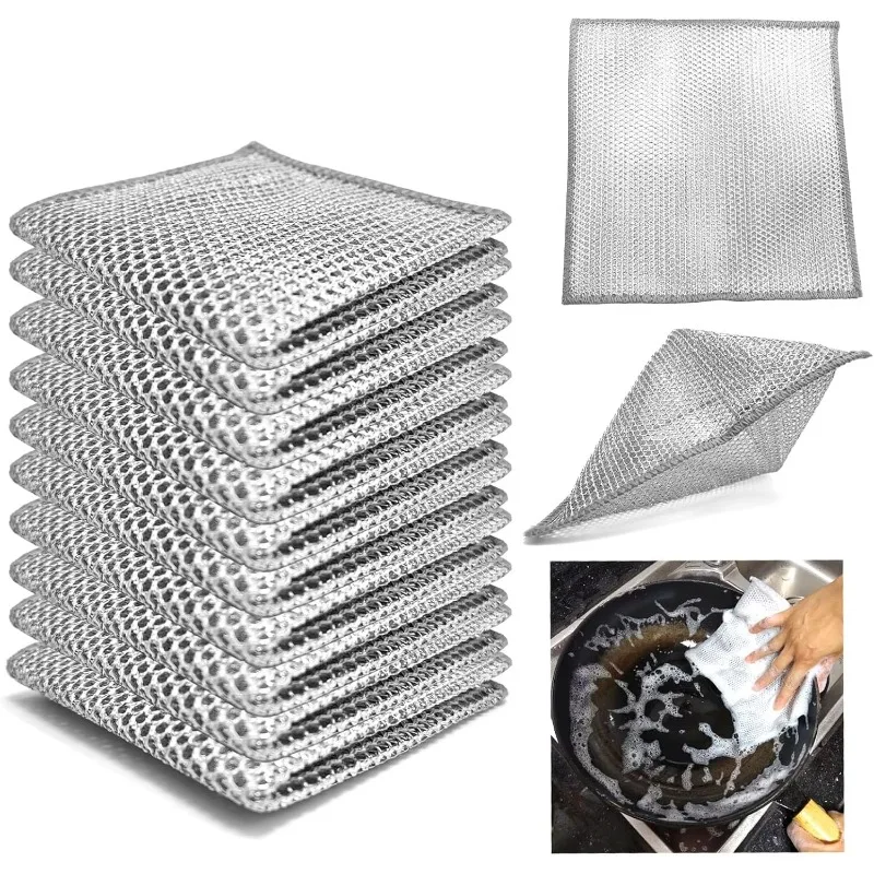 

10PCS Non Scratch Wire Dishcloth, Multipurpose Wire Dishwashing Rag for Wet and Dry, Reusable Steel Wool for Kitchen Cleaning
