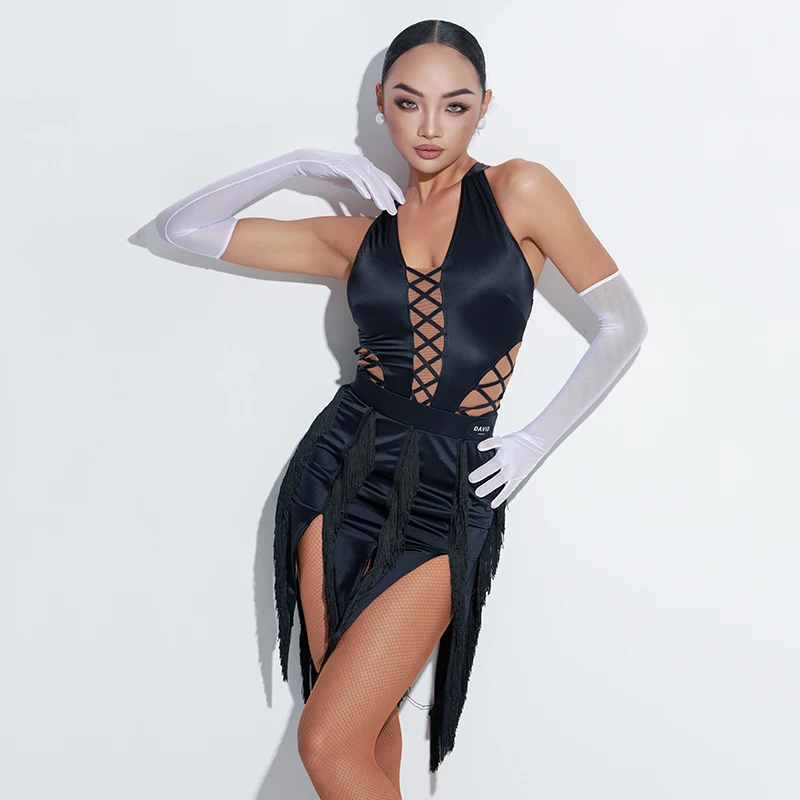 Frauen High-End-Latin Dance Wettbewerb Split Anzug Hängenden Hals Overall Unregelmäßigen Quasten Rock Praxis Sumba Kleid DW255/256