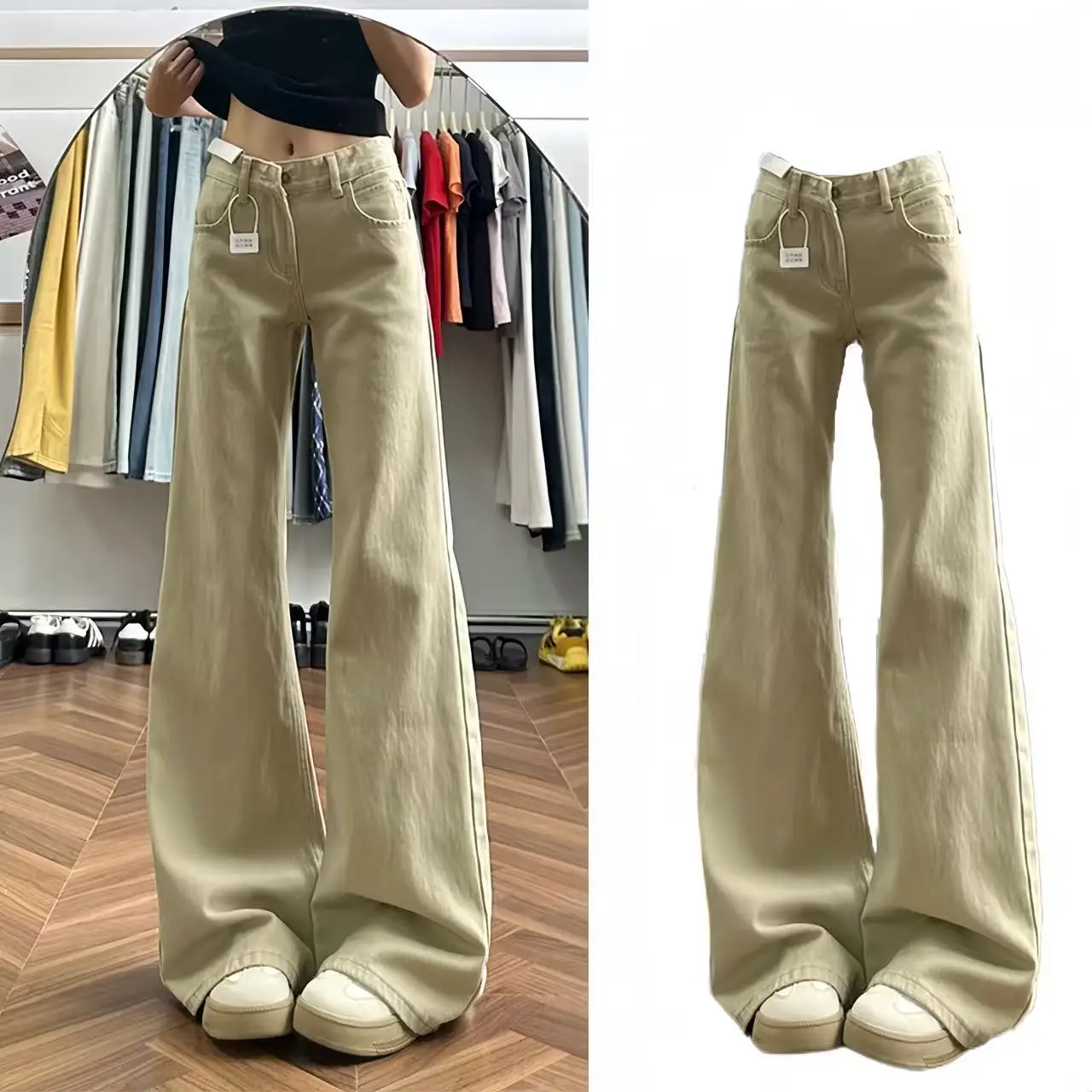 

Джинсы-клеш цвета хаки женские, с низкой посадкой, свободные, стройнящие, в пол, осенняя новинка