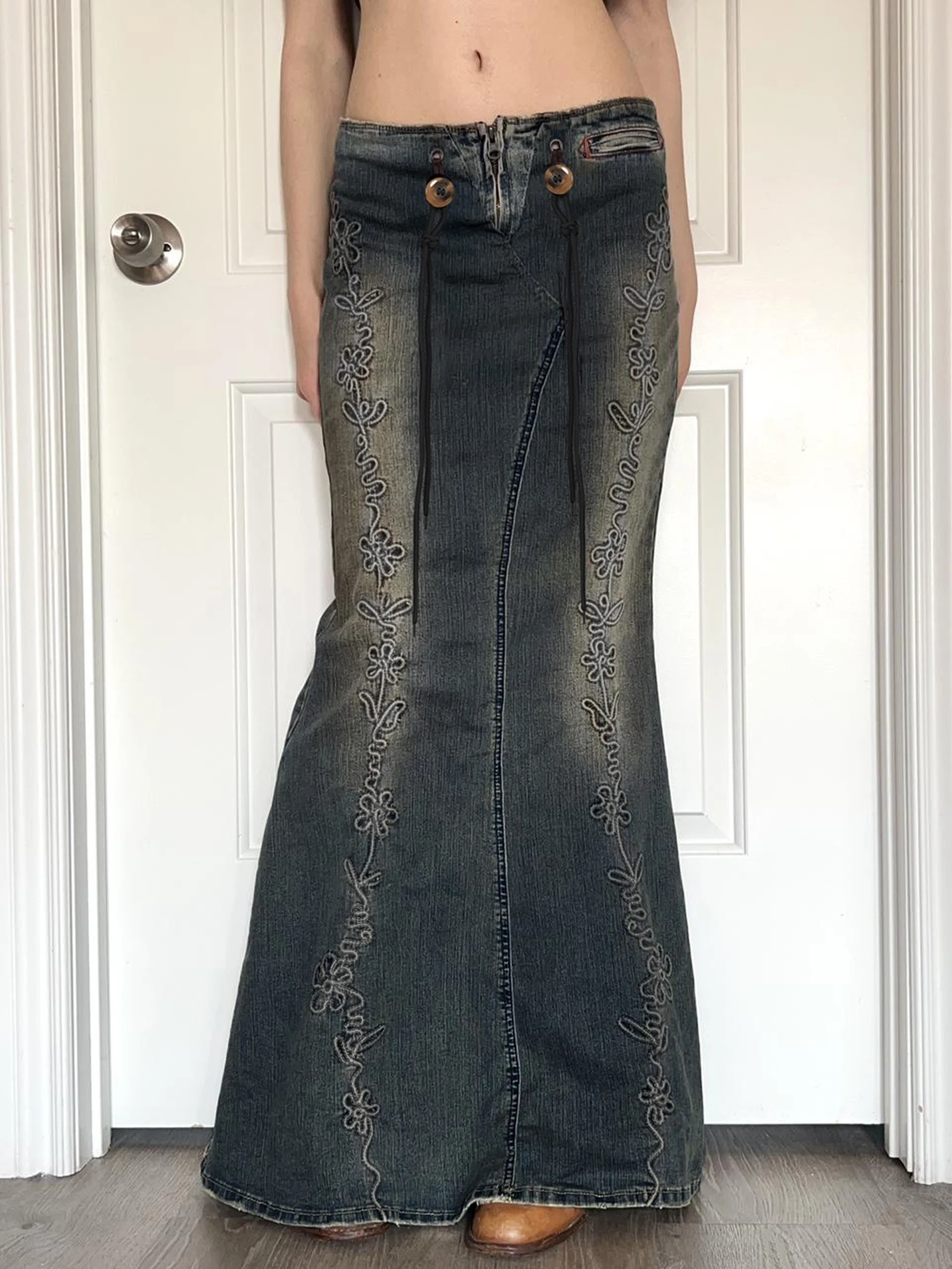 

Винтажное джинсовое платье с вышивкой и разрезом, облегающая юбка длиной до пола с низкой талией, осеннее однотонное универсальное платье «рыбий хвост»