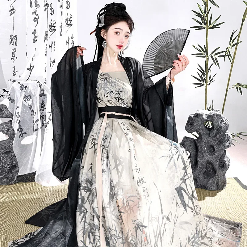 YF65 Hanfu-Robe Noire de Prairie pour Femme, Chemise à Grandes Manches, Taille Améliorée Han Elements, Style Chinois 03/Printemps et Été