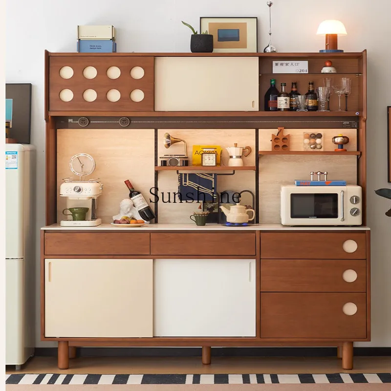 

Solid wood dining side cabinet, antique travertine rock slab against the wall, integrated Nordic living room, storage