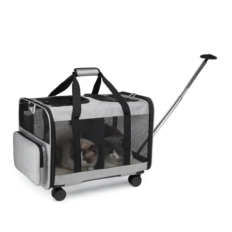 Breathable Pet Trolley Case Cat Going Out Carrying Double-layer Pet Carrier with Wheels Large Capacity Pet Bag for Travel