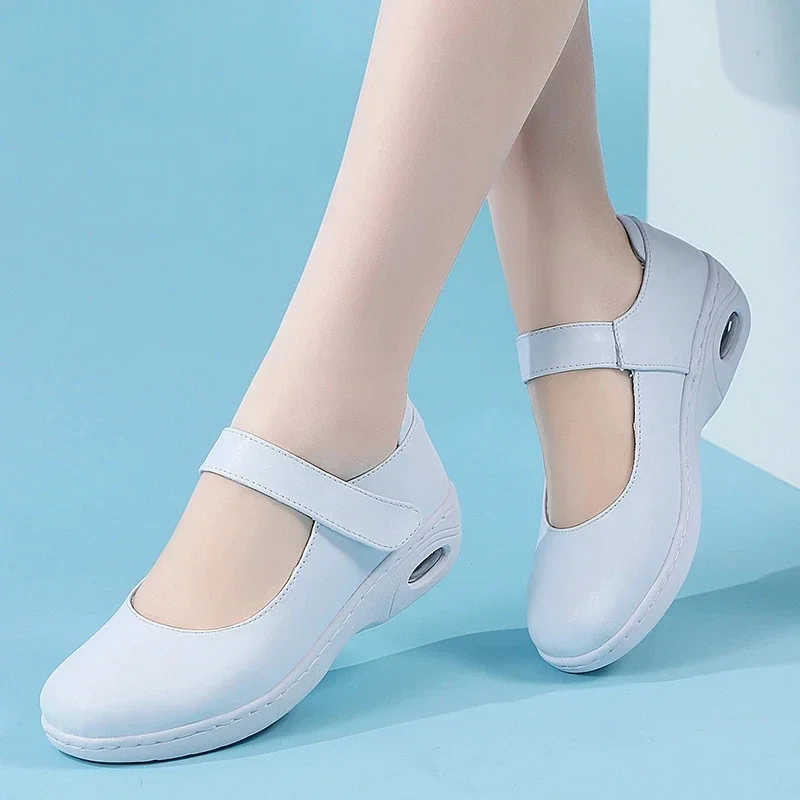 Comfortable Cow Leather Hospital Nurse Shoe Anti Slip Loafer White and black zapatos de mujer  flat shoes women