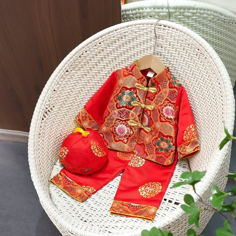 Bambini Neonata Ragazzo Rosso Hanfu Capodanno cinese Tang Costume Camicia a maniche lunghe Top Pantalone Abiti tradizionali per fotografia Hanfu