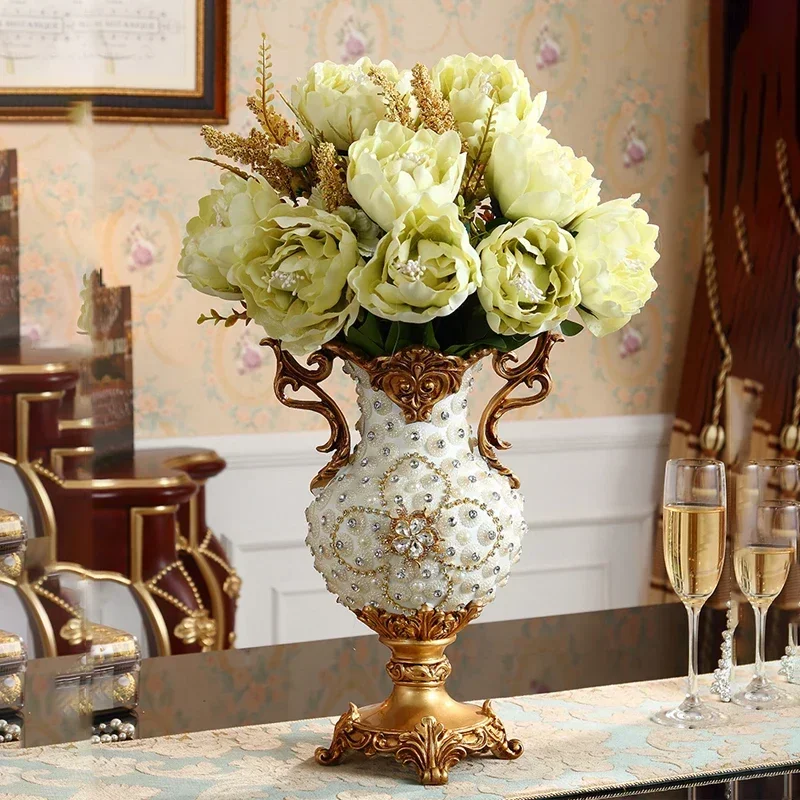 

European Style Luxury Diamond Table Resin Vase Figurines Home Furnishing Decoration Craft Artificial Flower Arrangement Ornament